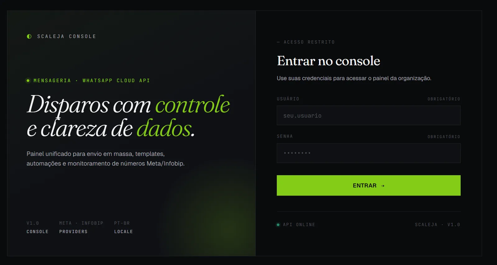 Plataforma SaaS de WhatsApp Business API — tela 1 de 4